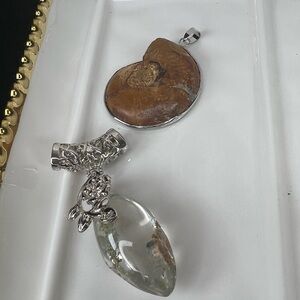 #17 FOSSIL Silver Brown Ammonite & Clear Gemstone Pendant Necklace